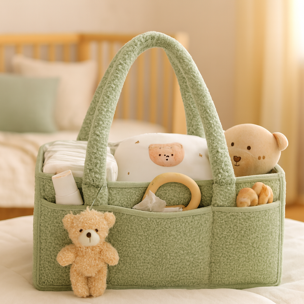 Sage Green Sherpa Baby Diaper Caddy Organizer – Soft Nursery Storage Basket with Handles & Teddy Charm | Portable Changing Table Organizer
