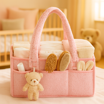 Luxury Pink Sherpa Baby Diaper Caddy Organizer – Soft Plush Nursery Storage Basket with Handles & Teddy Charm | Portable Changing Table Organizer