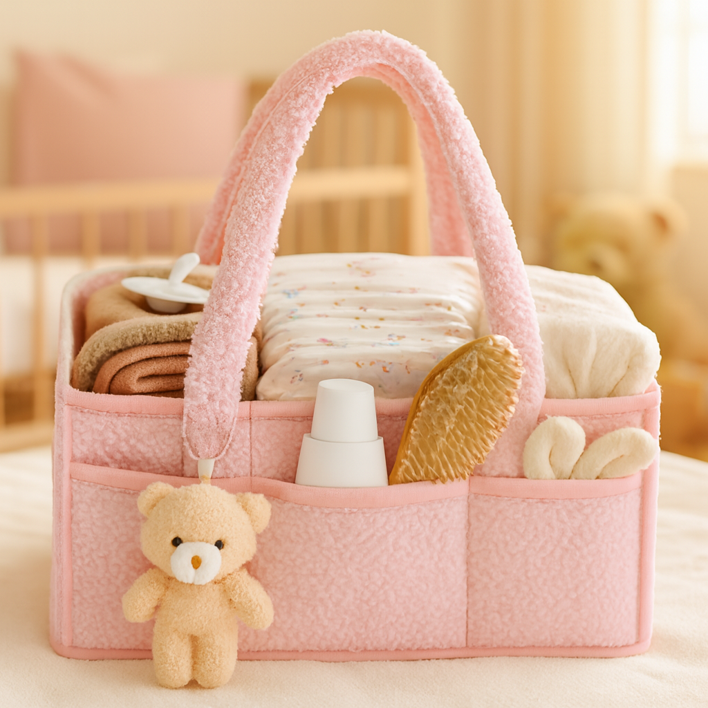Luxury Pink Sherpa Baby Diaper Caddy Organizer – Soft Plush Nursery Storage Basket with Handles & Teddy Charm | Portable Changing Table Organizer