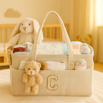 Personalized Initial Baby Diaper Caddy Organizer – Beige Corduroy Nursery Storage Basket with Teddy Charm | Custom Newborn Gift