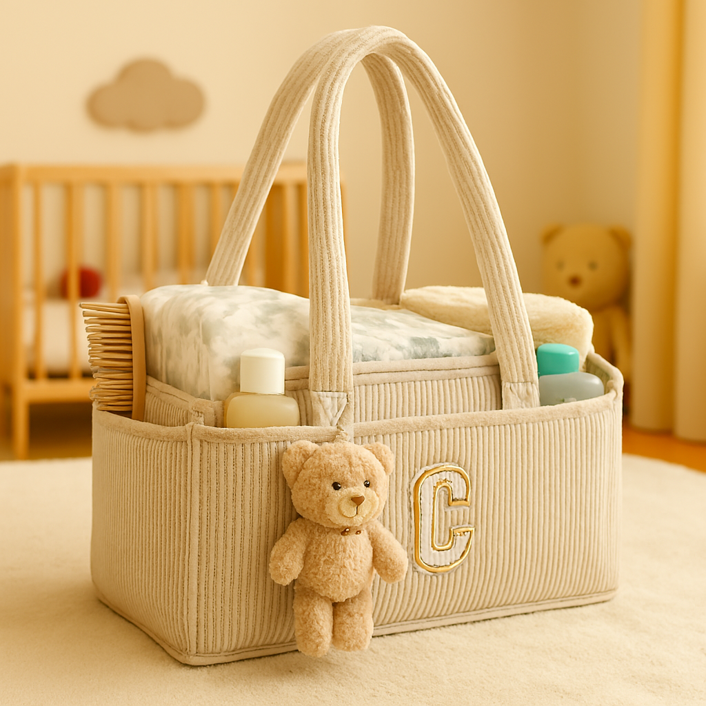 Personalized Initial Baby Diaper Caddy Organizer – Beige Corduroy Nursery Storage Basket with Teddy Charm | Custom Newborn Gift